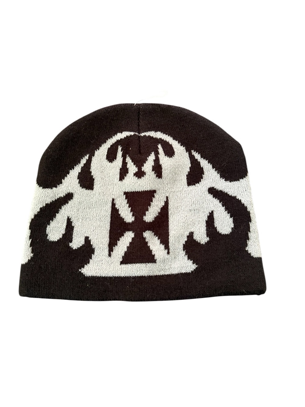 Vintage Men's Black & Grey Y2K Gothic Cross Knit Beanie Toque Winter Hat